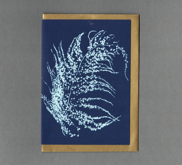 A greeting dark blue card with a white seaweed ((fern like) print,