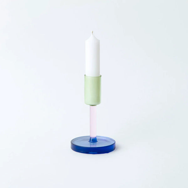 Block Design Glass Tall Candle Holder - Blue, Pink & Green