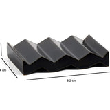 Black zig-zag shaped OBA Ceramic soap dish on the white background with dimensions: 1.6 cm x 6.4 cm x 9.2 cm.