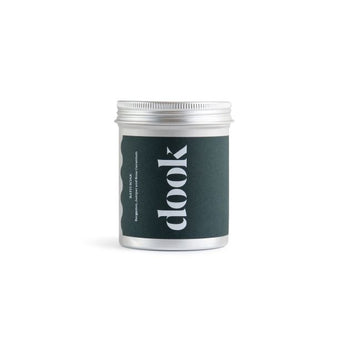 An aluminium tin with dark green label and white dook logo on the white background.