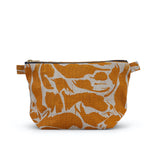 Larger version of linen, yellow print patterned wash bag on the white bakcground.