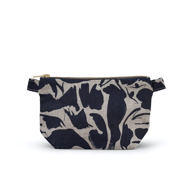 Smaller version of a linen wash bag with navy blue pattern on the white background.